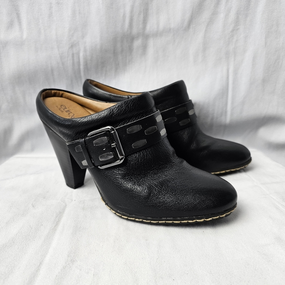 Euro Soft By Sofft Sacha Mules Black Leather Buckle Design Heel Shoes Size 9M